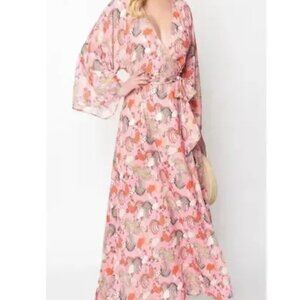 Unique Vintage Pink Rooster Print Wrap Maxi Dress size L